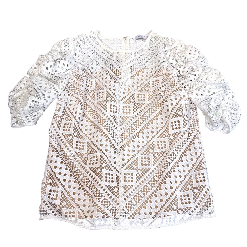 Endless Rose Top Sz S Puff Sleeve Romantic Geometric Lace Eyelet Overlay White